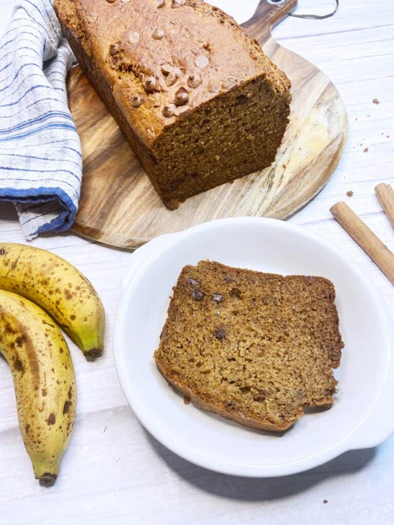 Close up shop of a slice of the simple healthy banana bread
