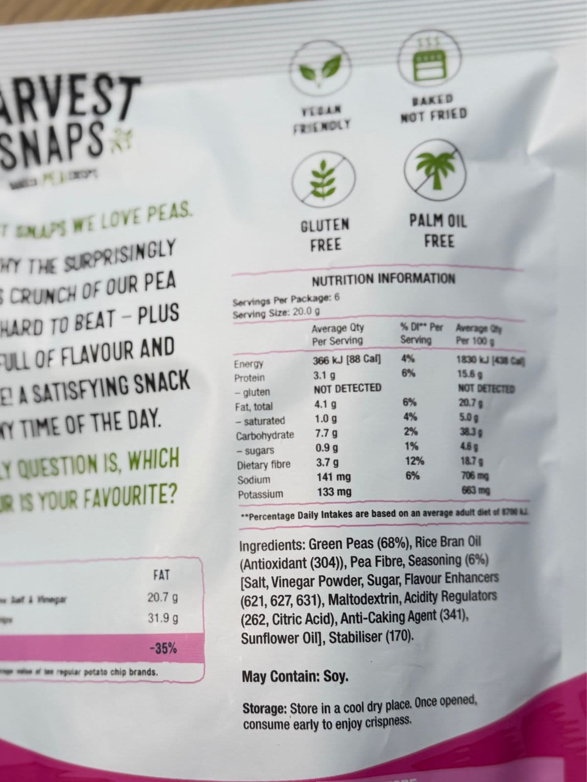 Ingredients list of a packaged snack food