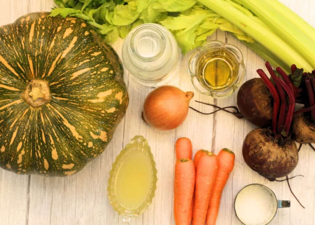 Nightshade free Nomato Sauce ingredients (pumpkin, carrot, onion, beetroot, celery, salt, water, olive oil and lemon juice