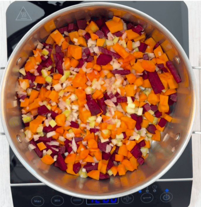 Finely cut vegetables (pumpkin, onion, beetroot, carrots, celery) in a pot