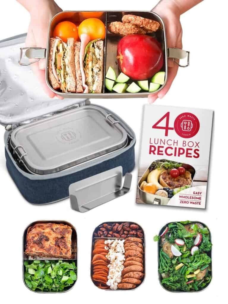 Zero Waste lunchbox made out of stainless steel with lunch bag and recipe book