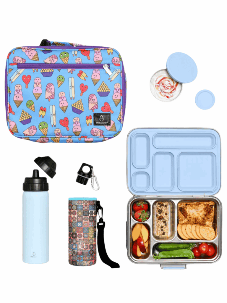 EcoCocoon bento stainless steel lunchbox with silicon insert, matching water bottle and insulated lunch bag